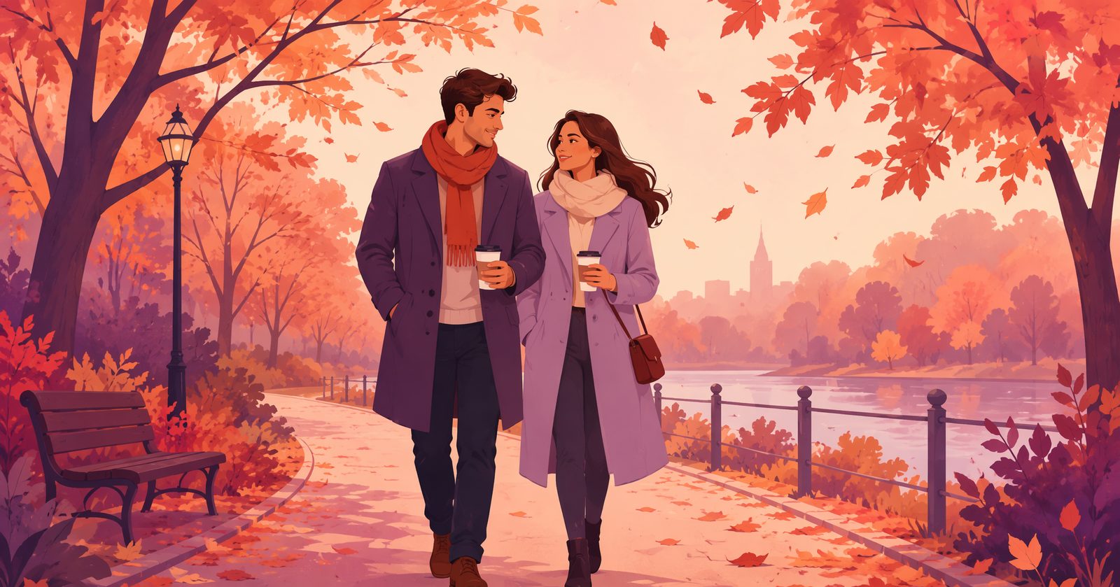 Illustration of a couple walking slowly through an autumn park with falling leaves